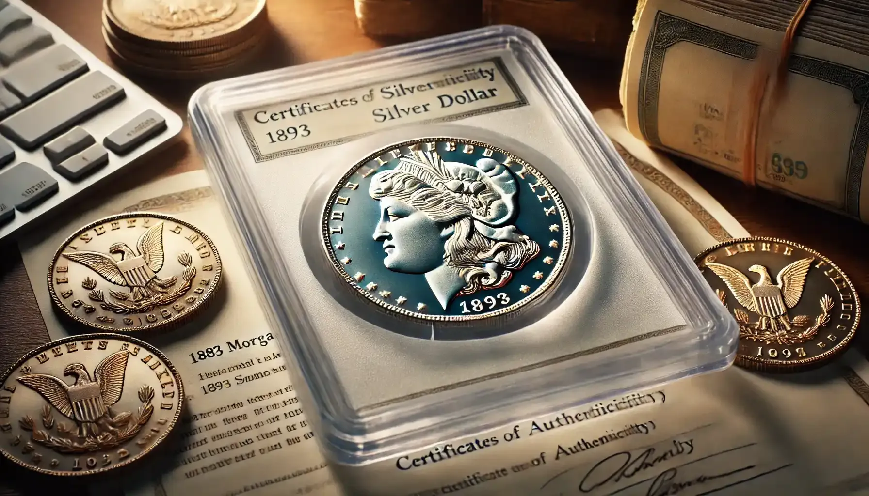 A picture of an 1893 Morgan Silver Dollar securely encased in a transparent coin slab, with certificates of authenticity placed nearby on a well-lit table.