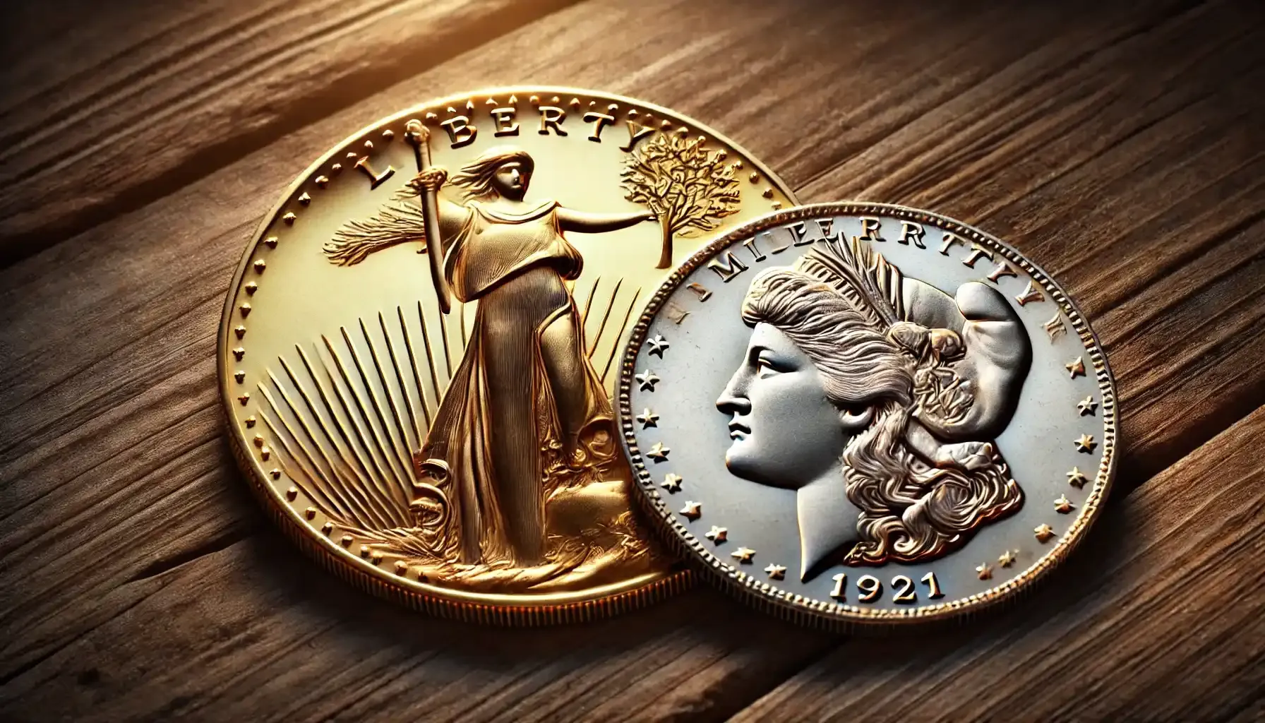 A picture of a 1928 Saint-Gaudens Gold Double Eagle lying next to a 1921 Morgan Silver Dollar, both placed side by side on a wooden table