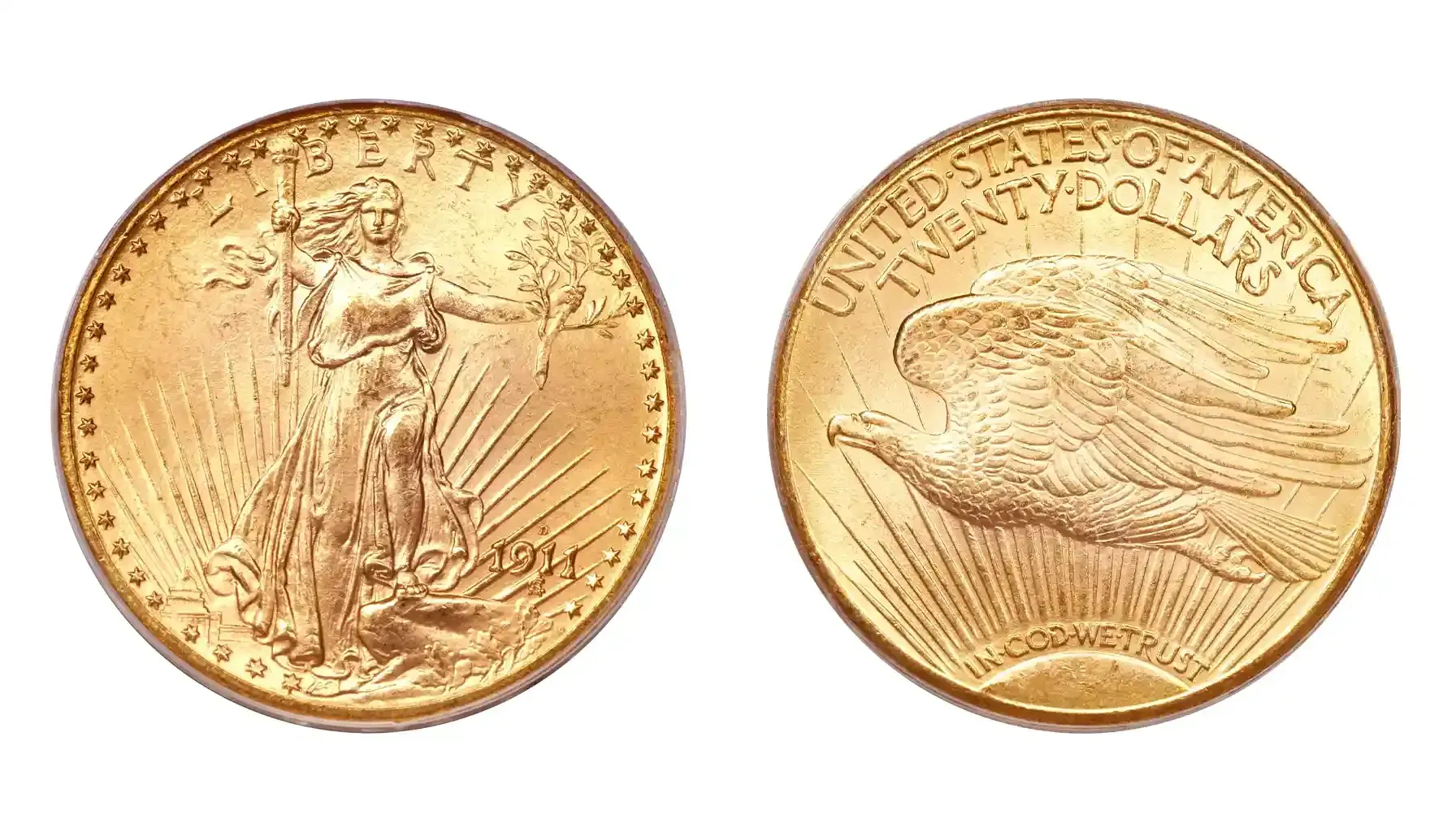 A detailed image of the 1932 Saint-Gaudens Gold Double Eagle, showcasing its intricate design