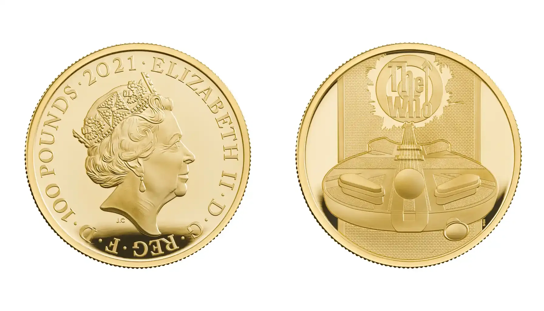 An image of the Great Britain 2021 Gold 200 Pounds Music Legends: The Who coin, showcasing intricate details of a guitar shape and Queen Elizabeth