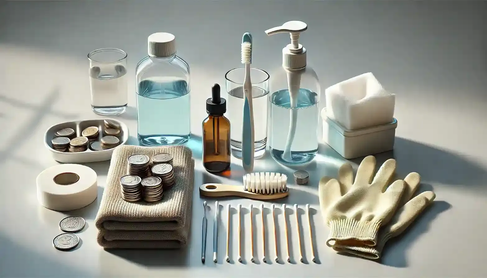 A neatly arranged collection of coin-cleaning tools on a well-lit surface (a soft-bristled toothbrush, a bottle of mild dish soap, a container of distilled water, a microfiber cloth, cotton swabs, and rubber gloves).