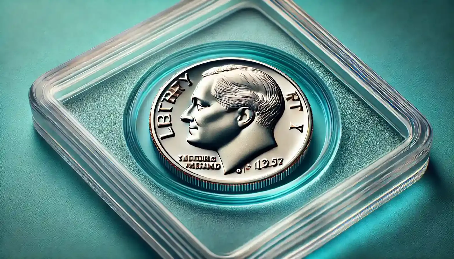 A close-up view of a silver dime securely encased in a transparent coin slab.