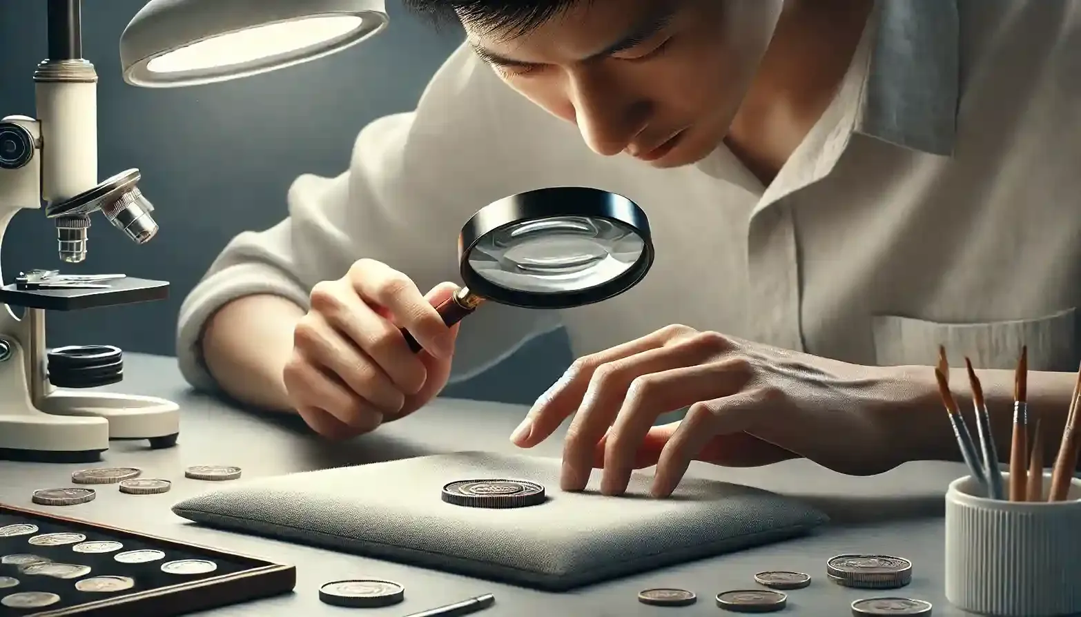 A picture of a collector exploring a coin placed under a magnifying glass