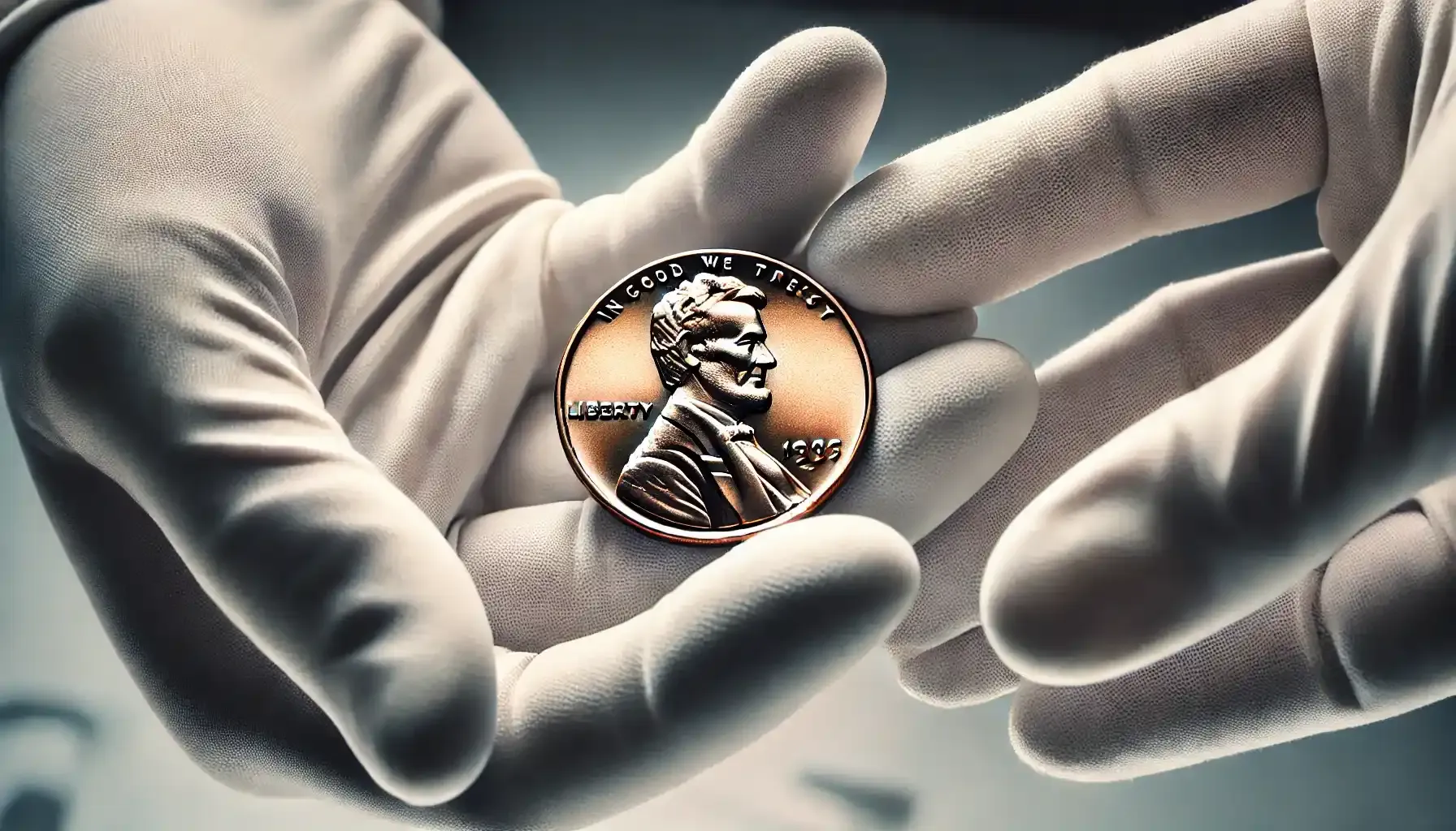 A close-up image of a person holding a Lincoln cent between their gloved finger