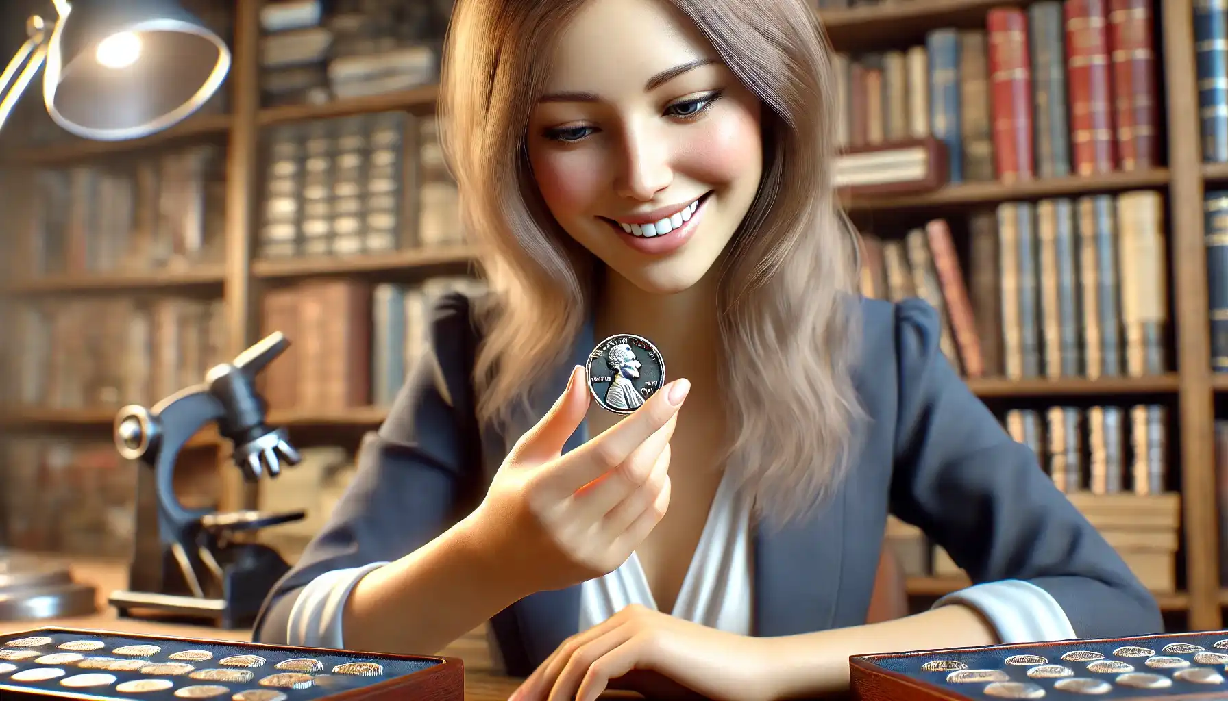 a smiling female numismatist looking at a rare coin in her hands