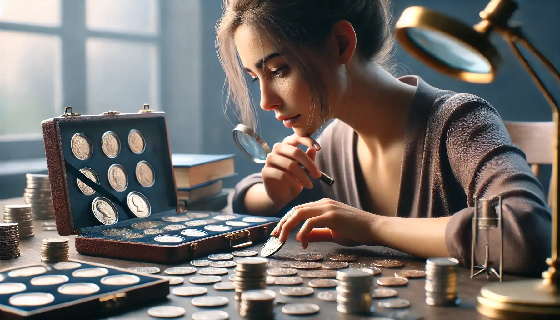 A female investor is intently examining a collection of rare coins and thinking what to do with coin collection