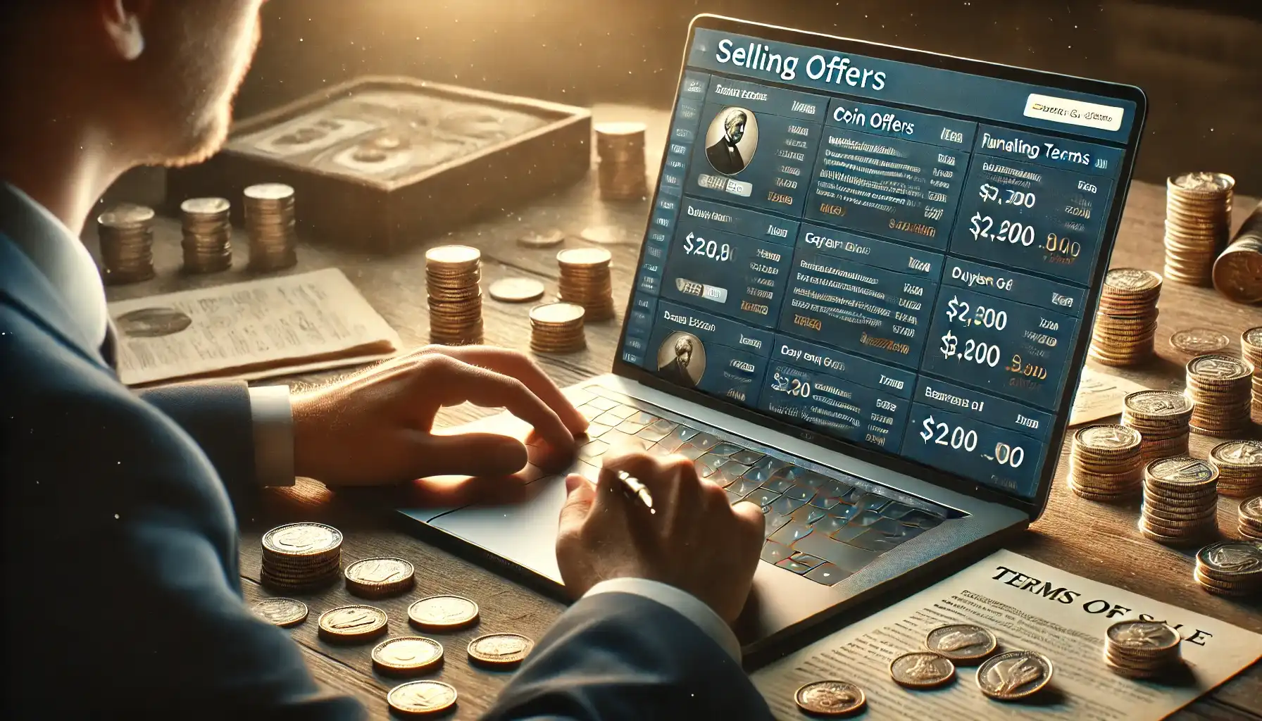 Collector reviewing multiple offers on a laptop, comparing prices and finalizing terms, showing how to sell a coin collection securely online.