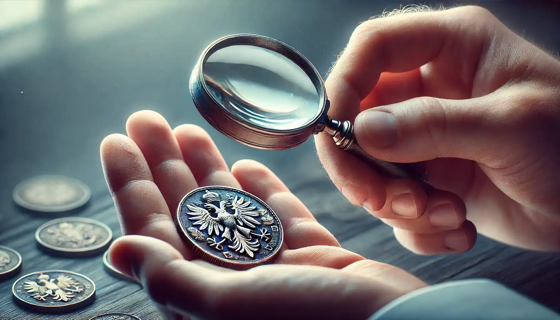 A close-up of a magnifying glass, one of the best tools for coin collecting, in the hands of a numismatist examining a coin