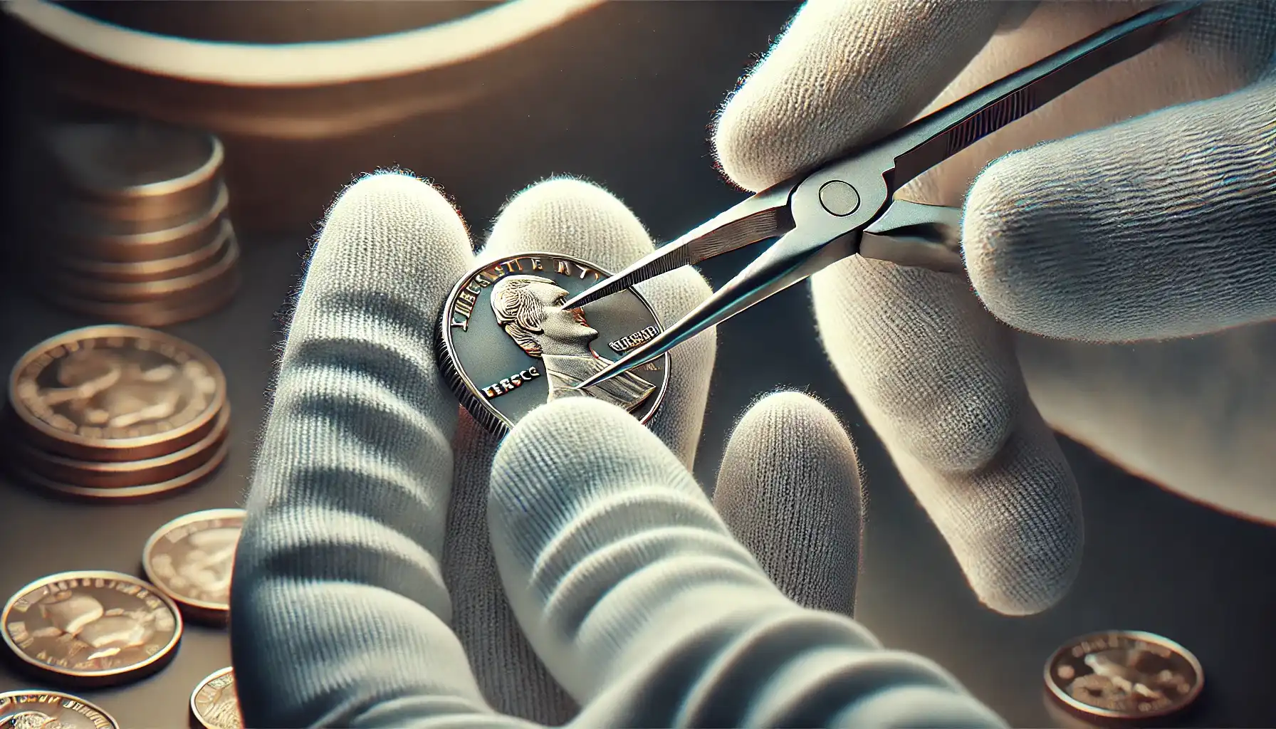 A collector carefully handles a coin using soft-tipped forceps while wearing cotton gloves to show essential tools for coin collecting.