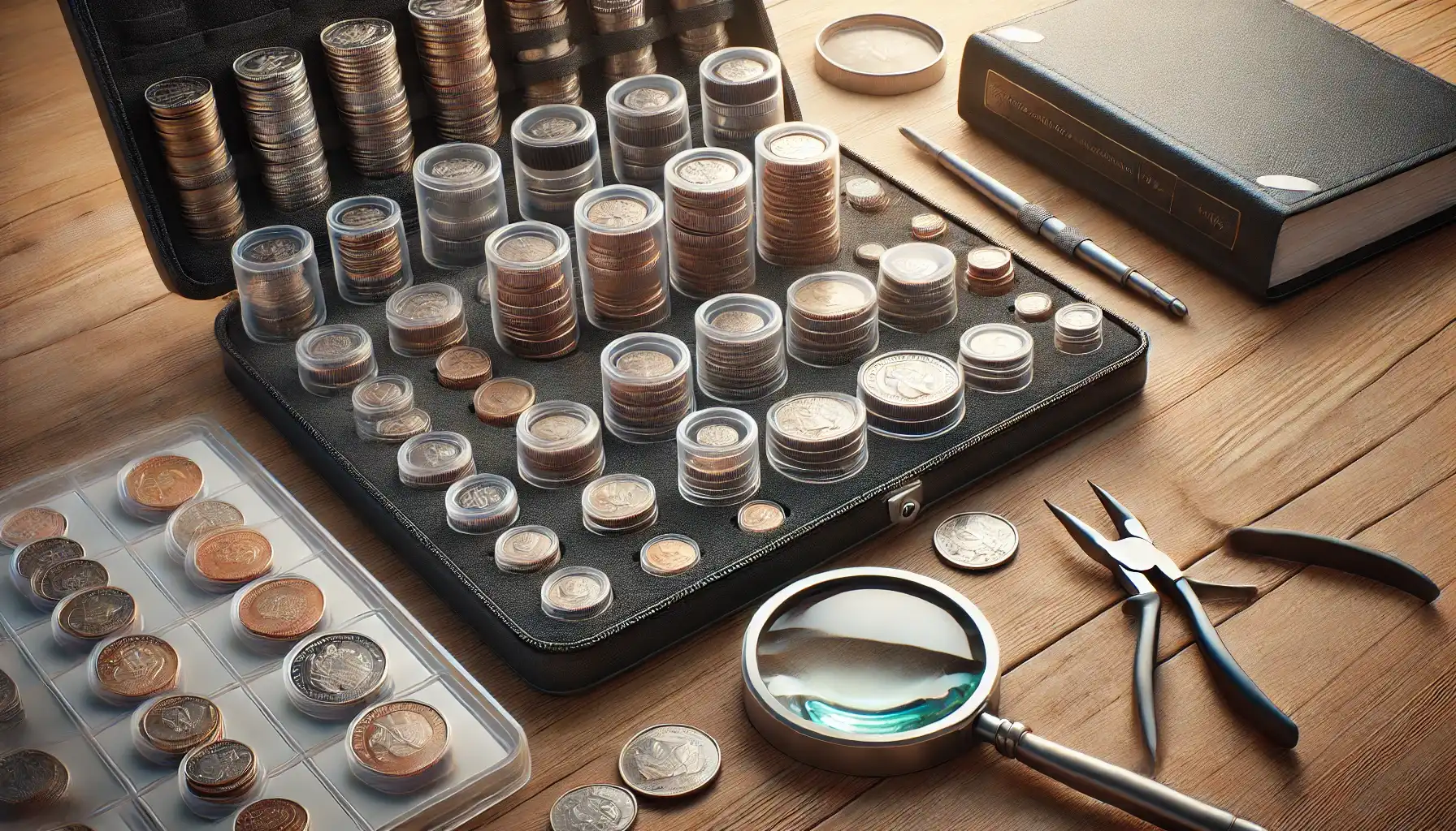 The best tools for coin collecting are neatly arrange at the table including protective cases and albums.