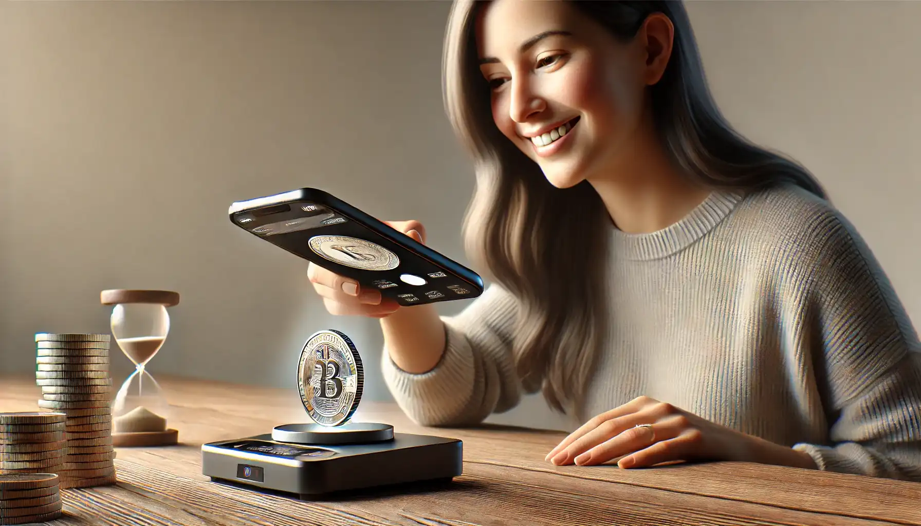 smiling female investor scans a coin on a table with her phone