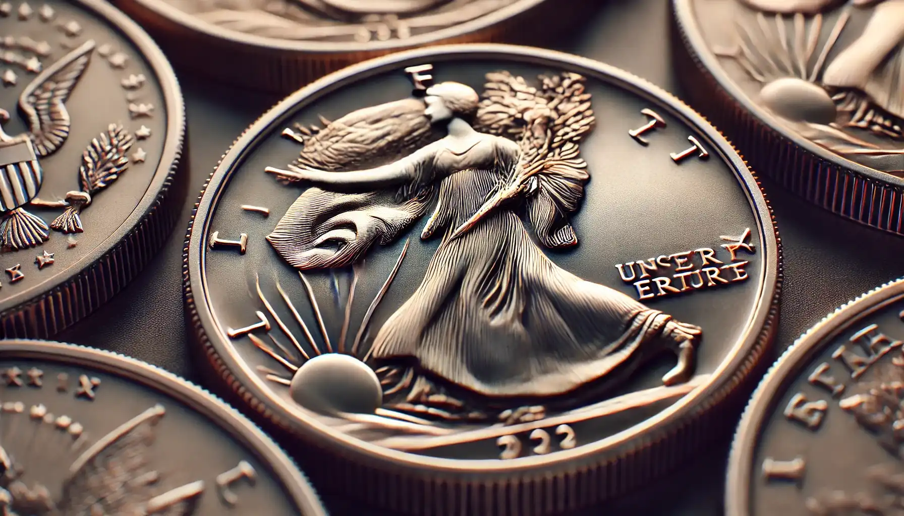 A close-up image of rare coins in circulation with noticeable minting errors, such as double strikes or other anomalies affecting the design.