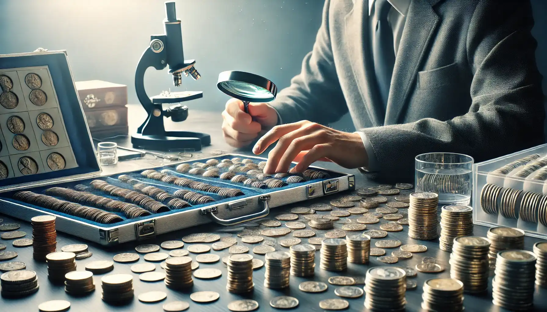 A photo of a coin collector examining and organizing a collection of coins, with magnifying tools in the background.