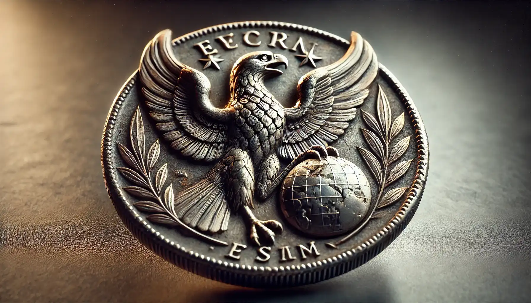 Reverse of a Roman coin featuring an eagle perched on a globe, symbolizing imperial power.