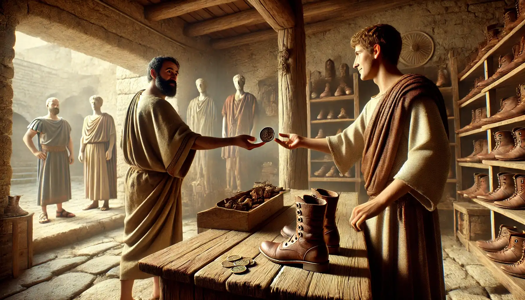 An ancient Roman hands a coin to a shop assistant to buy boots from him.