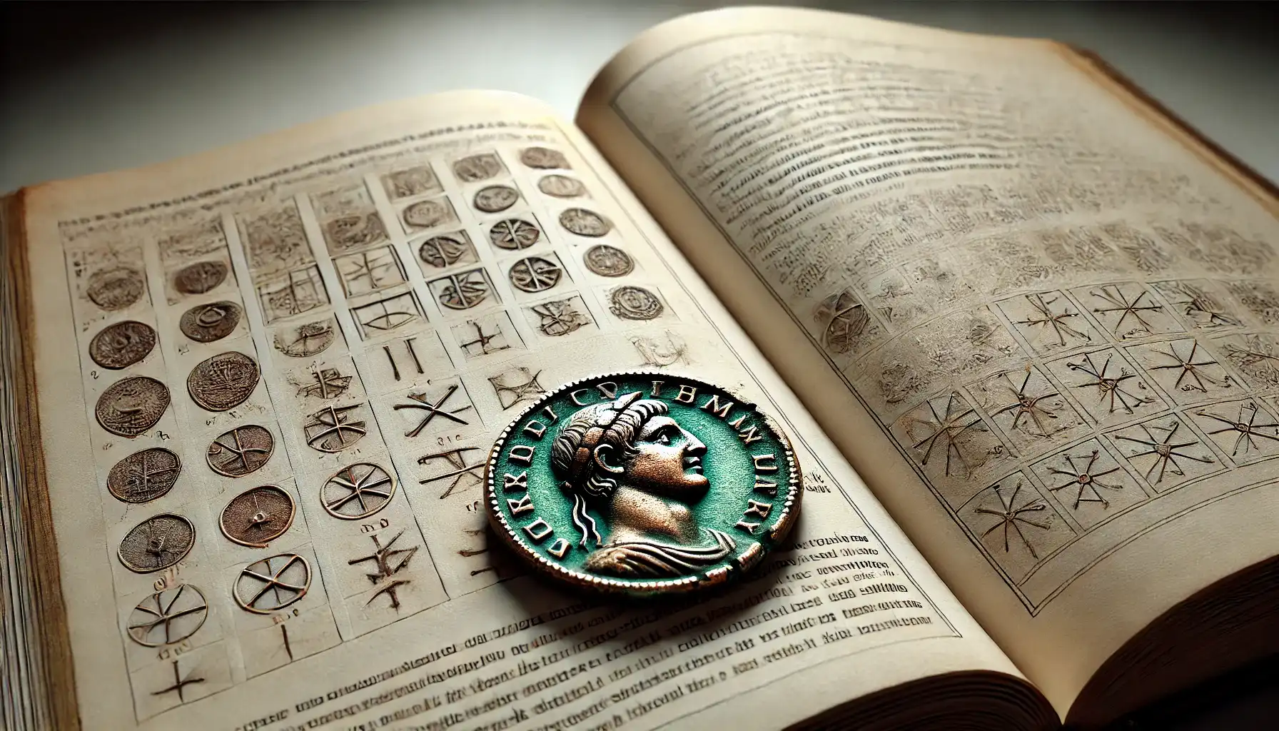 A weathered Roman coin lying next to a historical reference book, illustrating the process of cross-referencing symbols and dates.