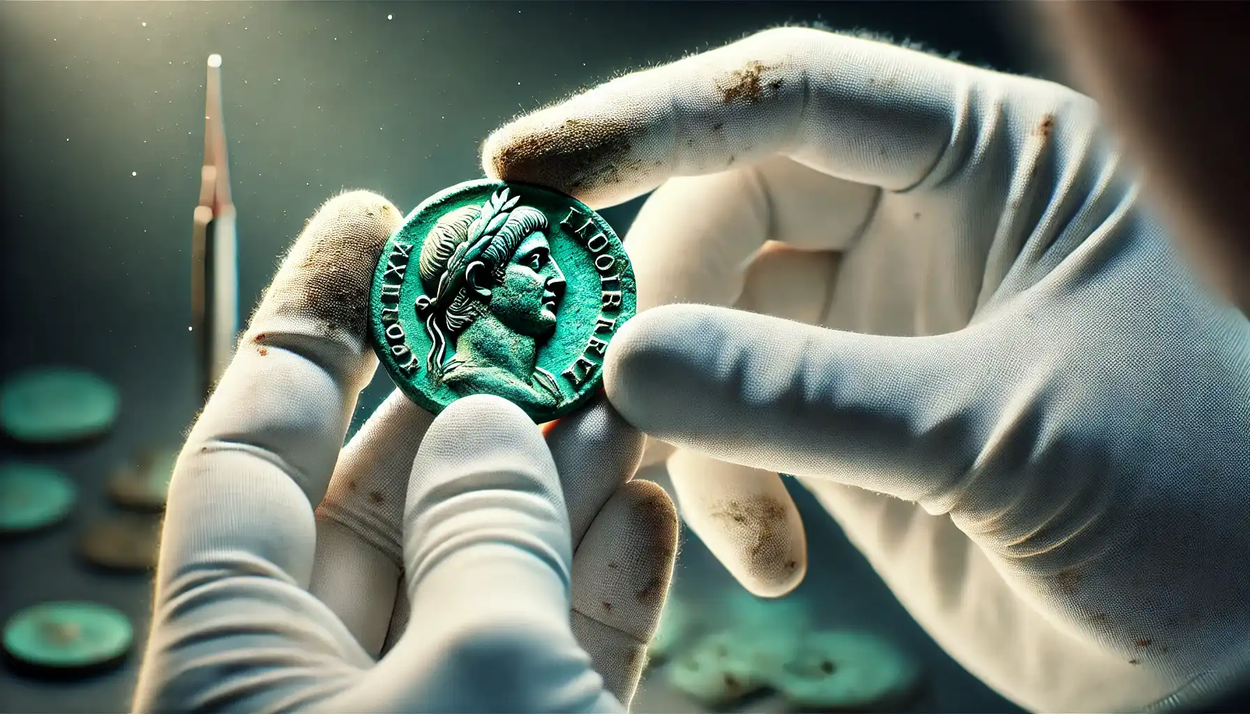 A numismatist carefully holding a Roman coin with gloves, inspecting its verdigris patina and worn inscriptions.