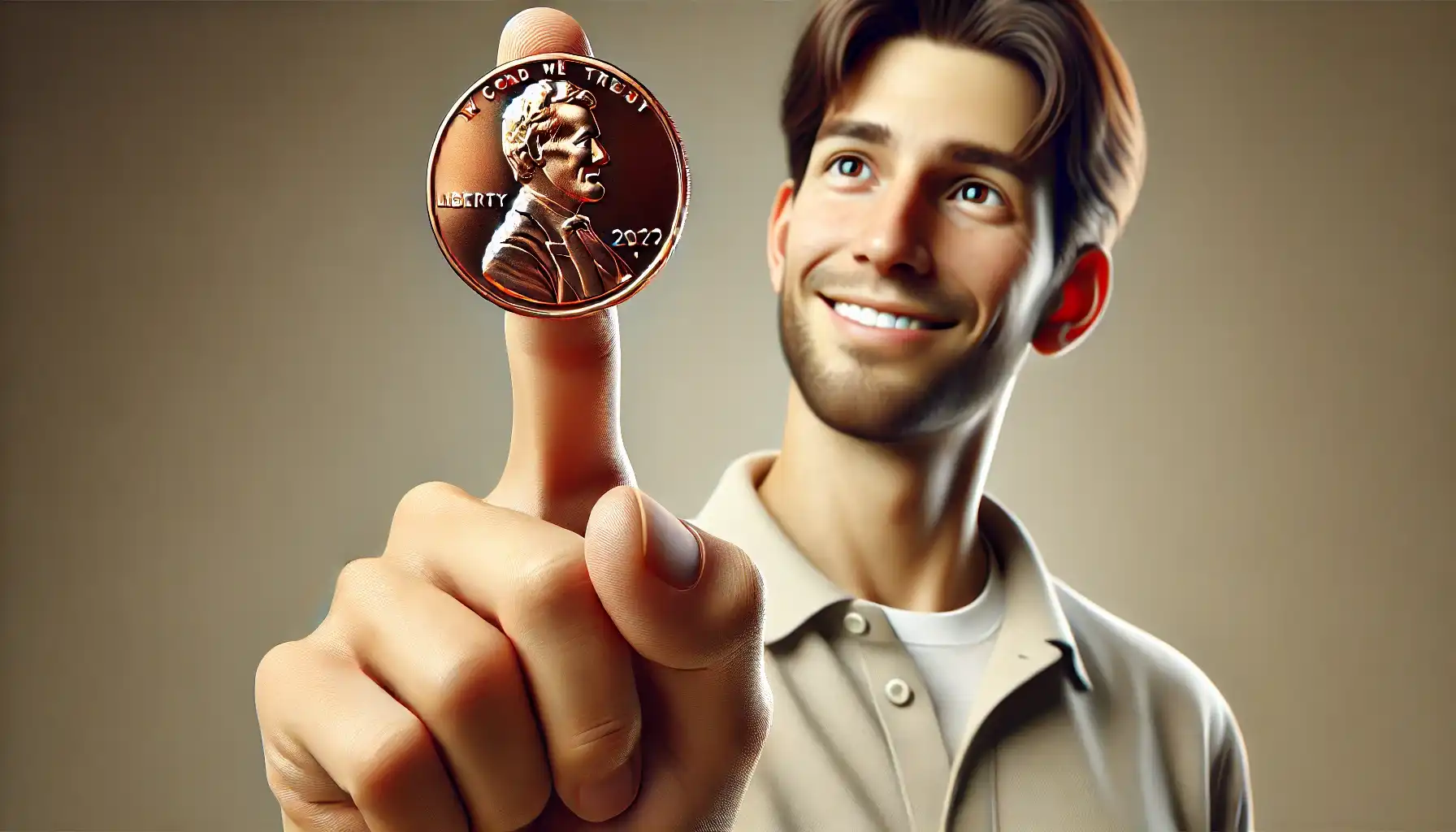 A satisfied collector points his finger up and holds a bright red penny in the palm of his hand