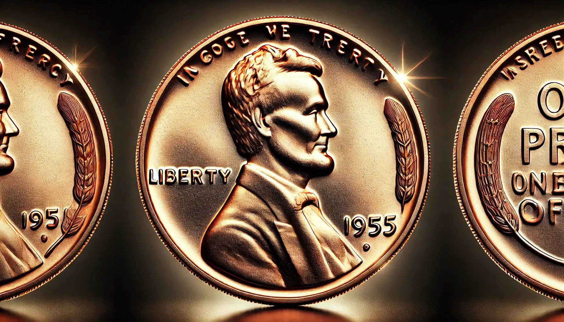 A picture with the obverse and reverse of the rare red penny from 1955, showcasing its distinct double die error on "LIBERTY" and the mint date, enhancing its rarity.