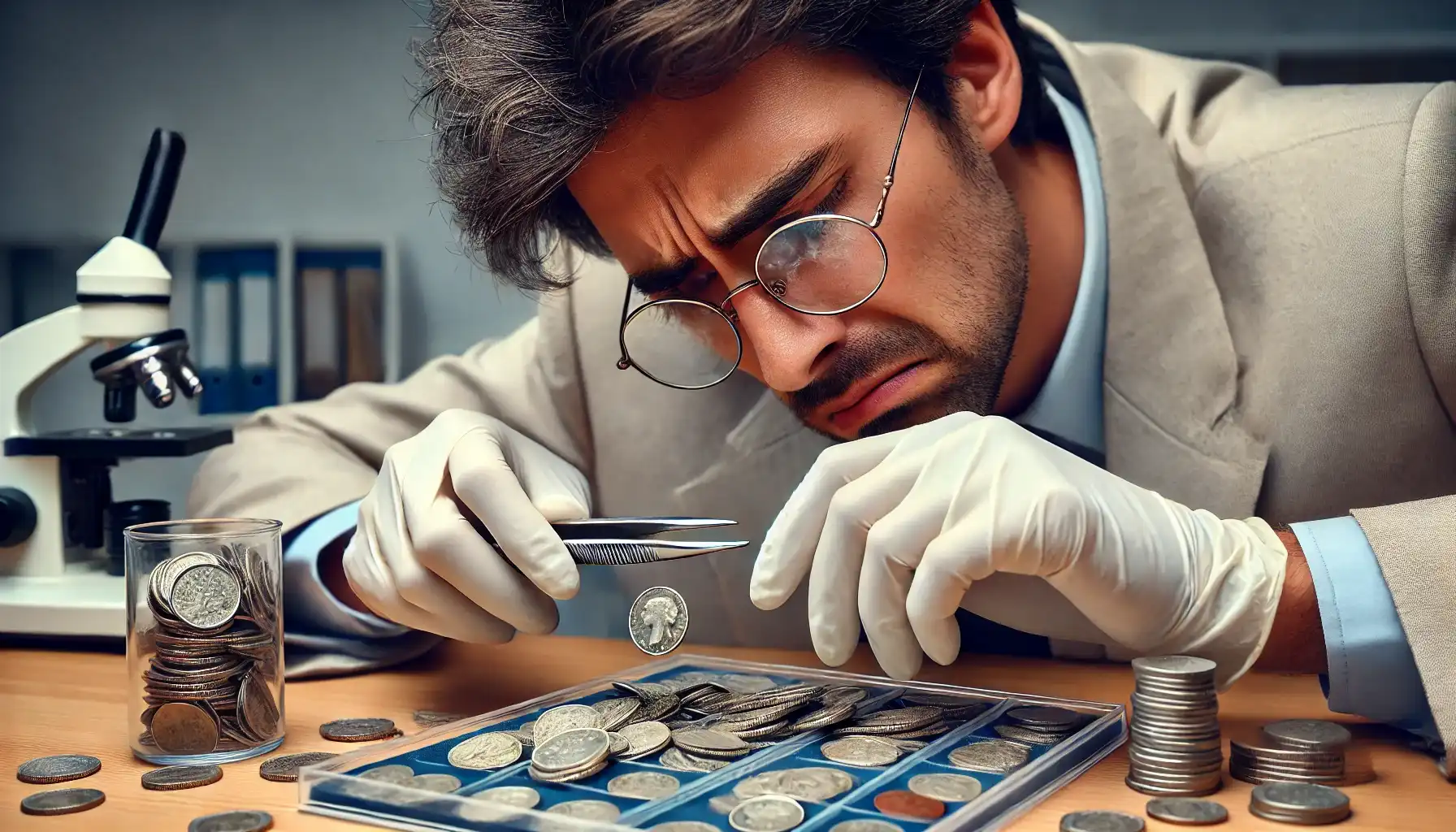 A frustrated collector with gloves pulls pvc damage coins out of the album with tweezers, pondering how the destruction came about