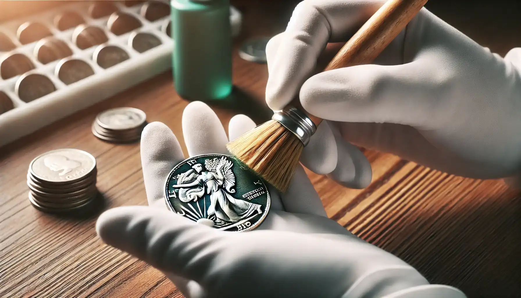 Сollector using gloves and a soft brush to clean PVC coin damage from a silver dollar. The collector gently brushing the coin to remove PVC residue avoiding scratches.