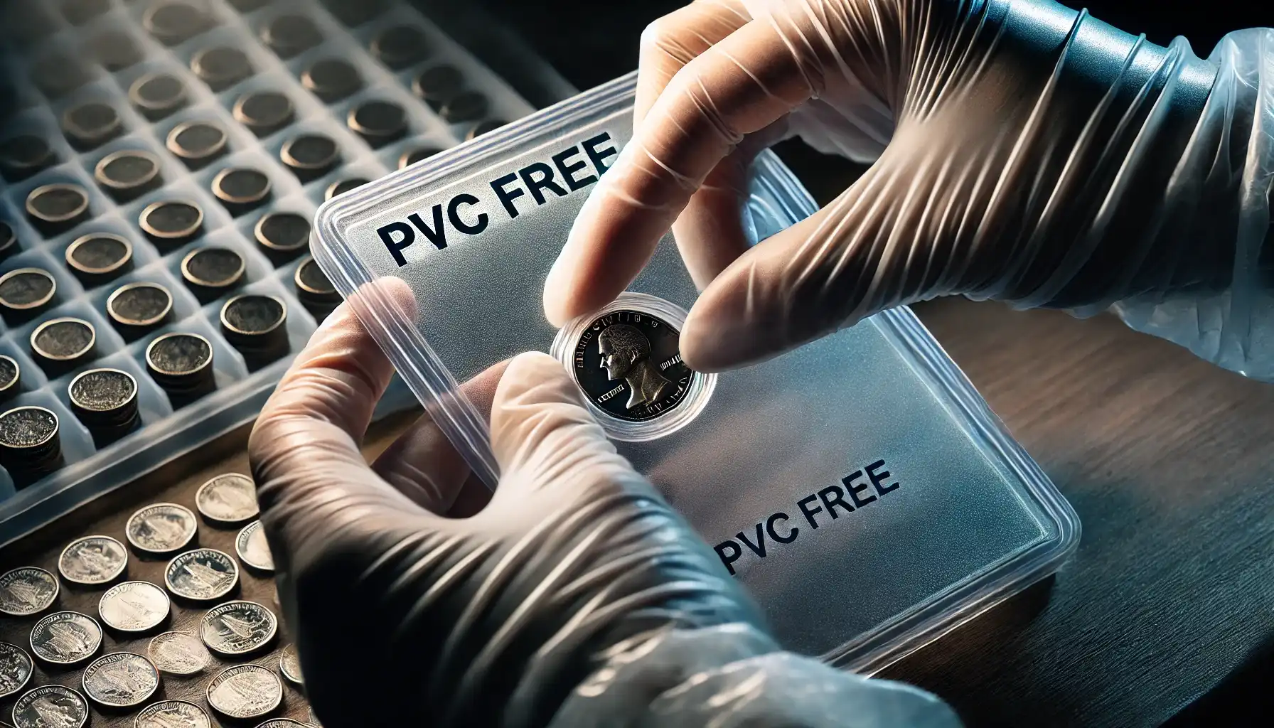 A close-up of a collector’s hands placing coins in a PVC-free polypropylene holder. On the holder there is a mentioning "PVC free"