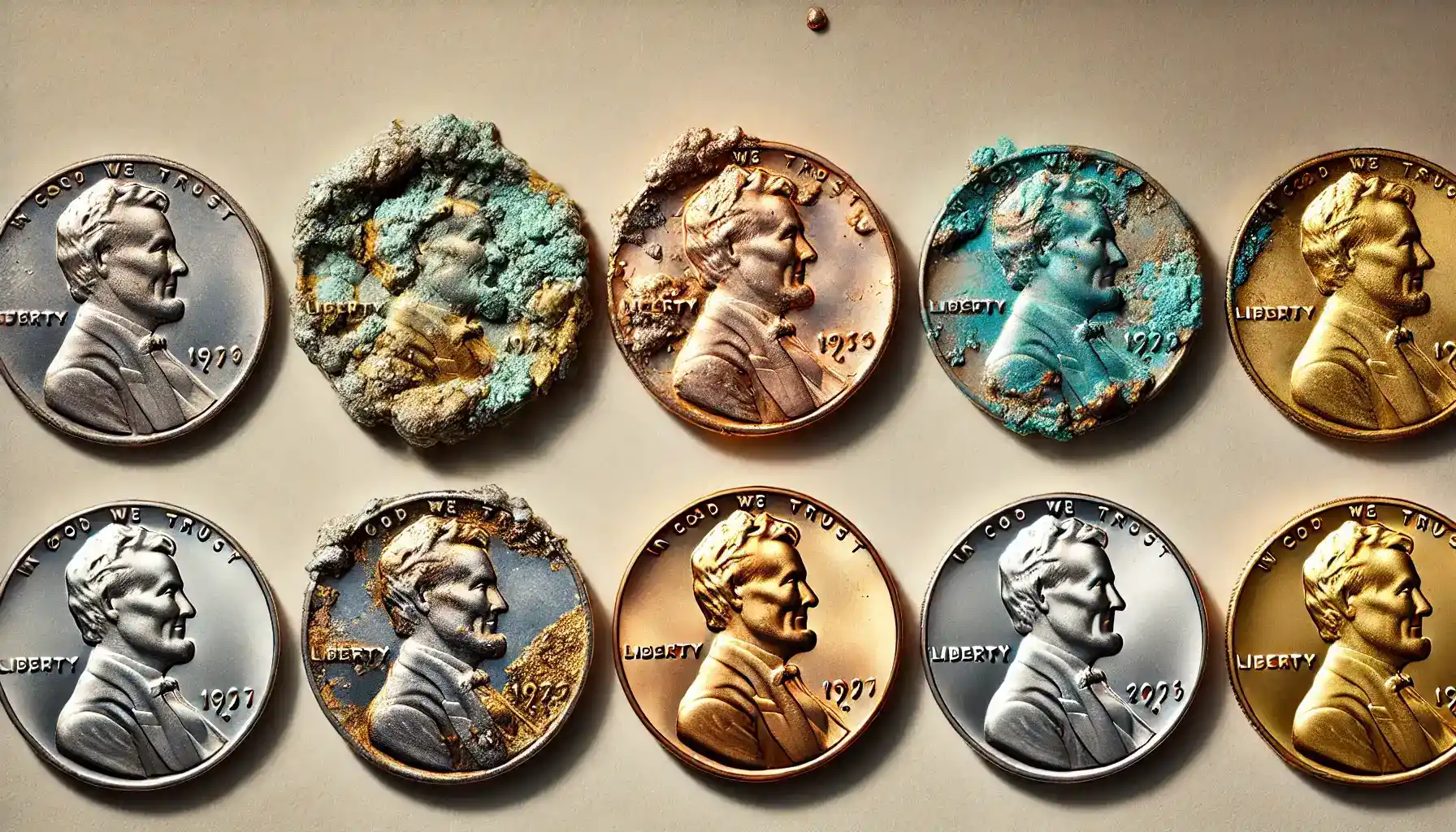 A comparison image showing different metals—silver, copper, gold, and nickel—all affected by PVC damage on coins.