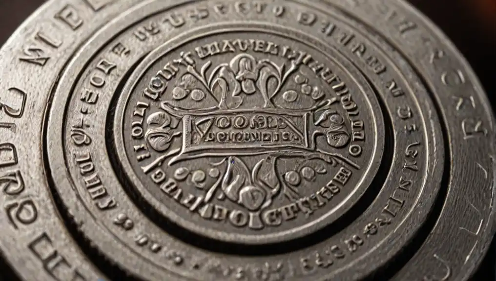 A close-up image of a metal die used in coin production, showing the engraved design on its surface, used to strike and imprint details onto coins during the minting process.