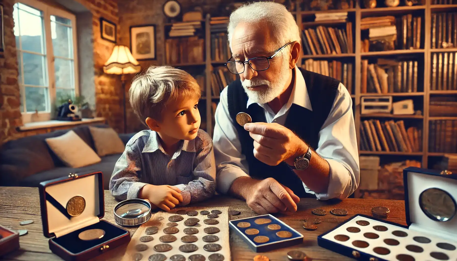 an elderly numismatist explaining what kind of coins are worth money to his grandson inside a cozy house