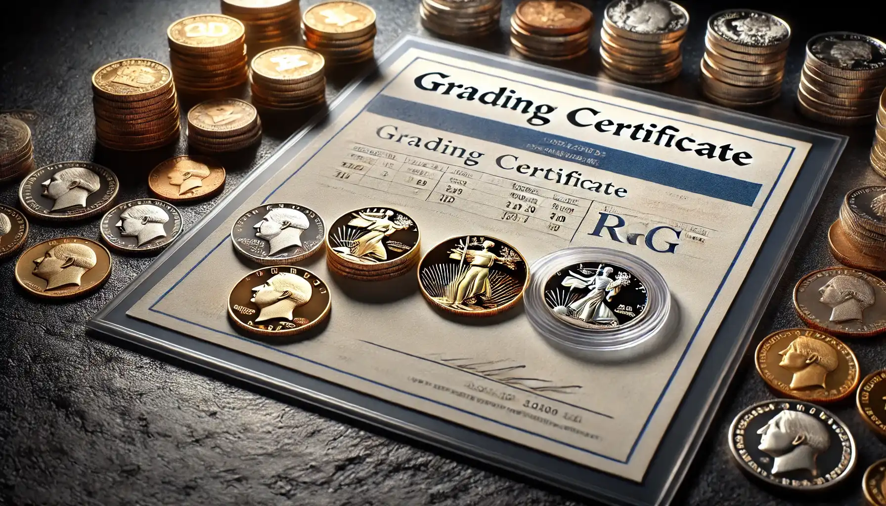 a grading certificate next to rare coins worth alot of money