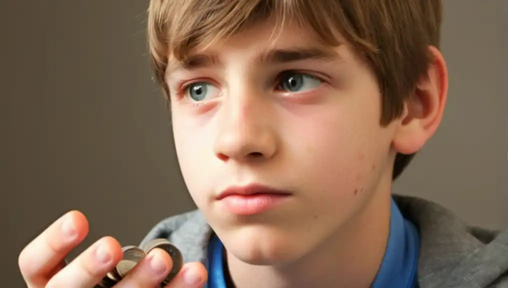 A thoughtful teenage boy scrutinizes the scattering of coins in the palm of his hand and think -"what coins should i look for in my pocket change?"