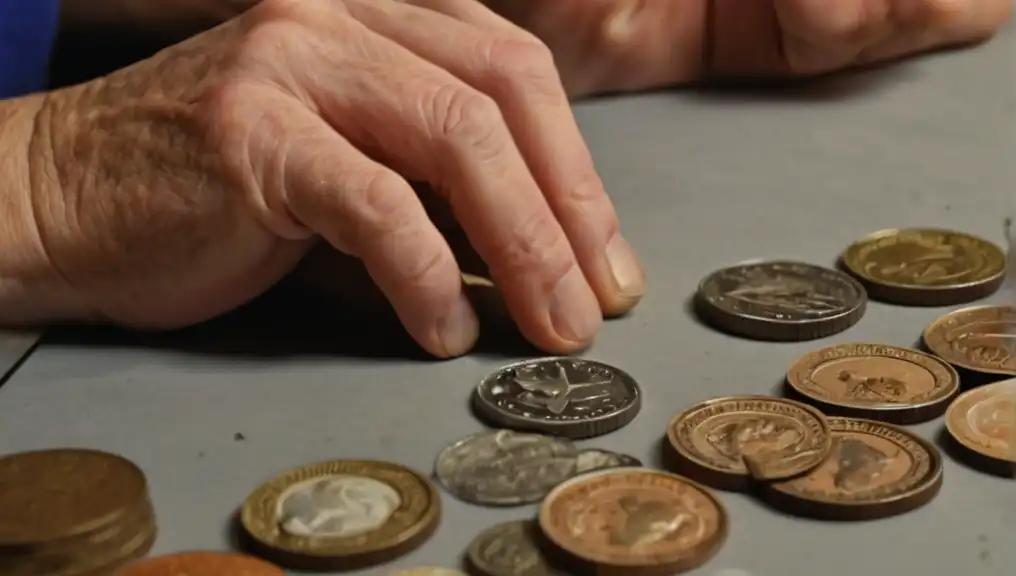 A close-up of a meticulous numismatist carefully sorting through coins, identifying hidden treasures.