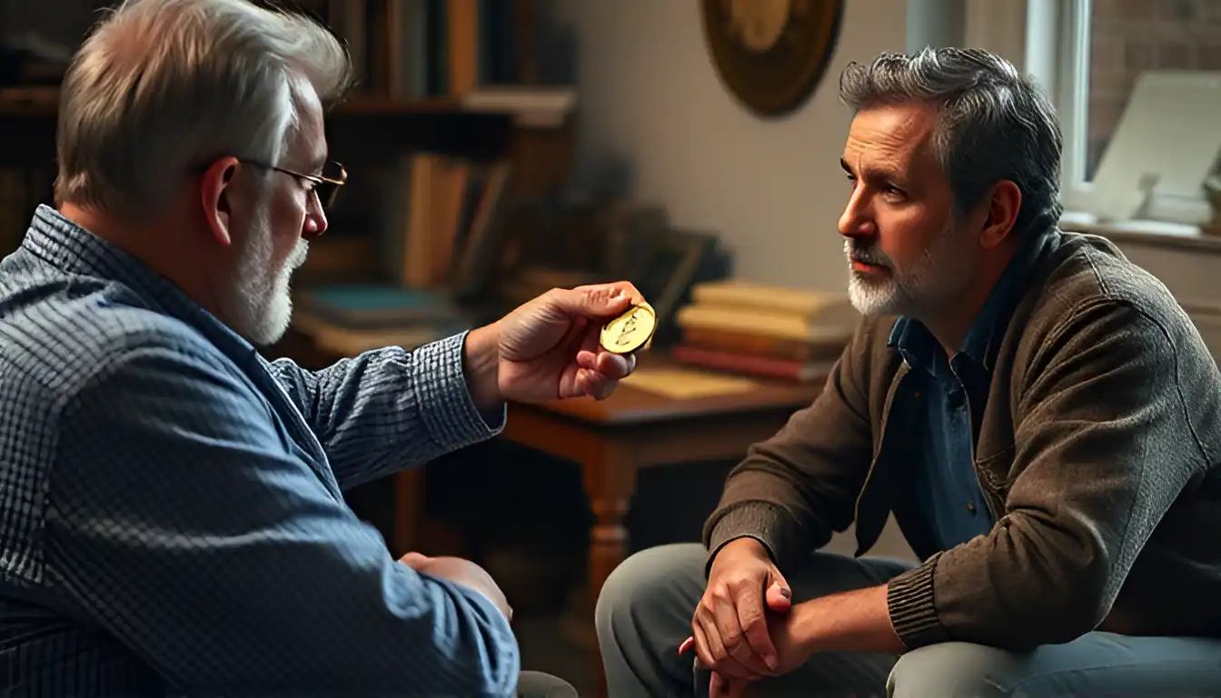 A numismatist points out a rare minting error on a coin, showing it to an interested listener to convince him that coins worth money