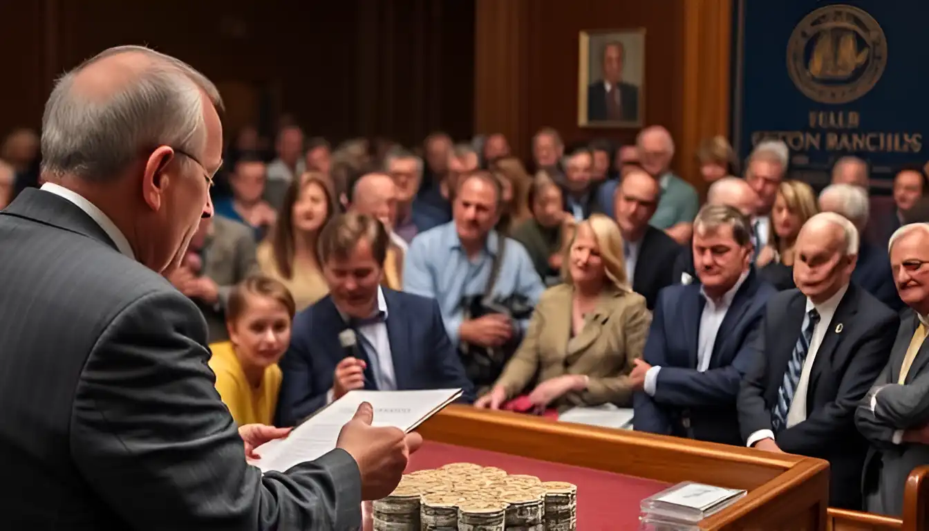 A picture of a coin auction in progress, featuring an auctioneer at the front presenting coins to an engaged audience.