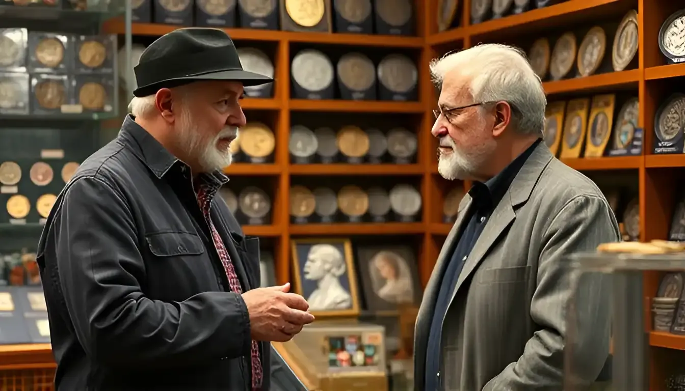 A picture of two numismatists engaged in discussion inside a coin shop, standing near a display of coins