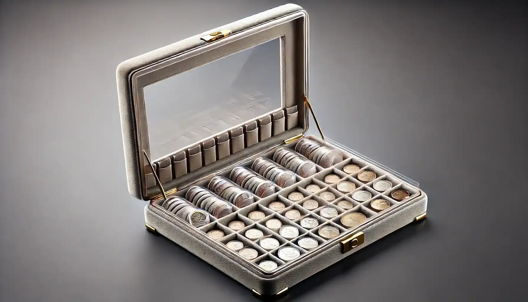 A picture of a coin-collecting holder, neatly organized with individual compartments holding various coins