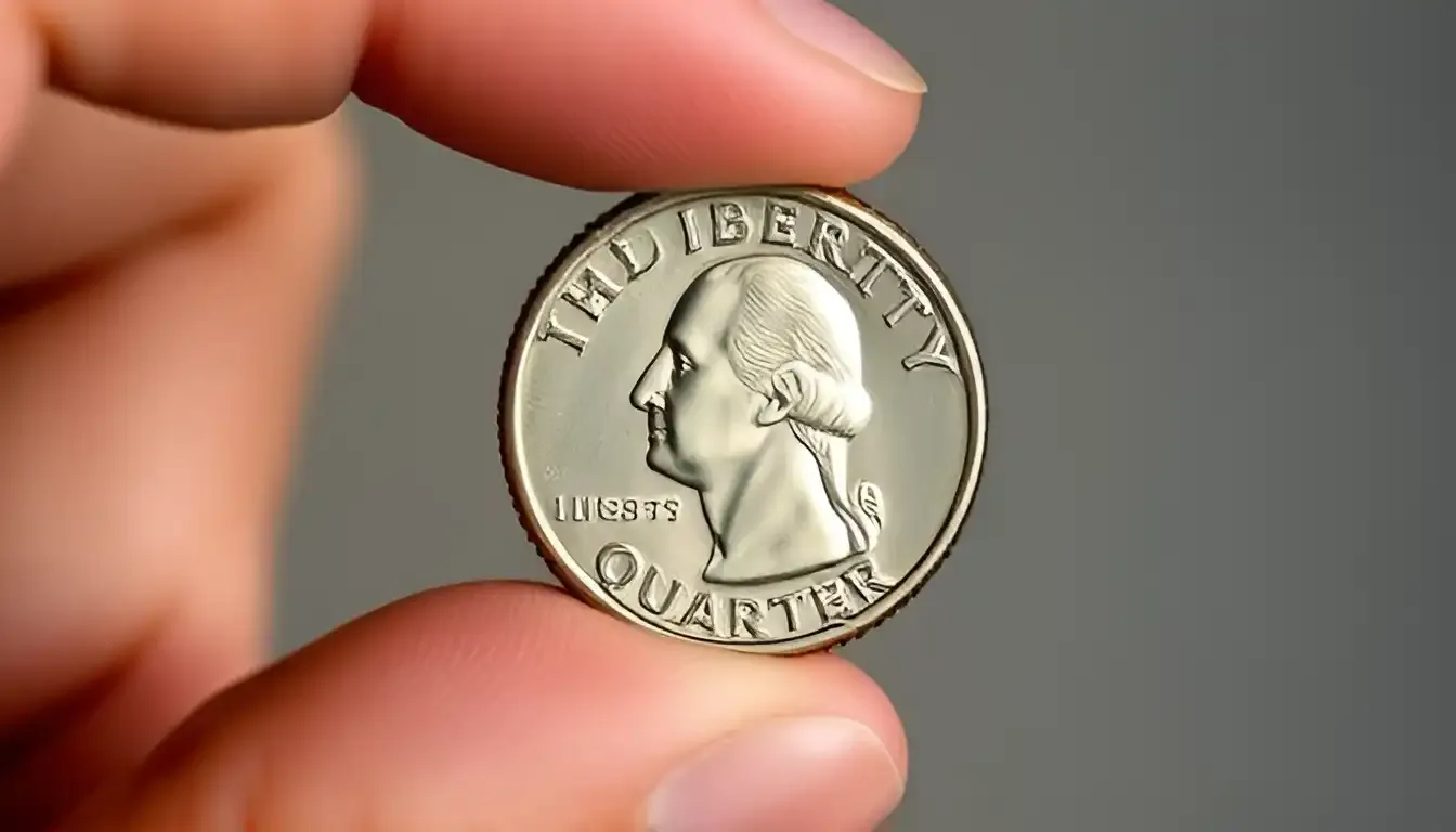 A picture of a person holding a 1987 quarter with fingers gently showcasing the coin’s obverse side