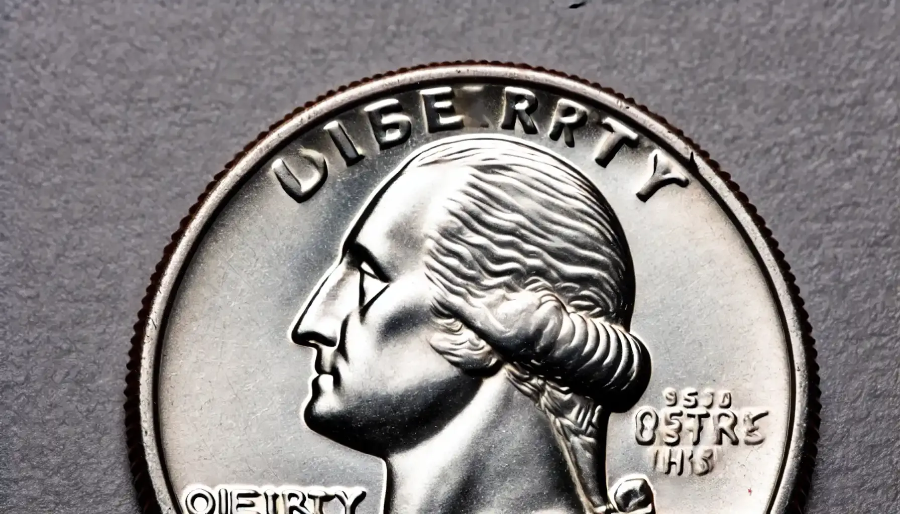 A picture of a 1987 quarter with an off-center strike error, displaying the obverse side where part of the design is shifted off-center