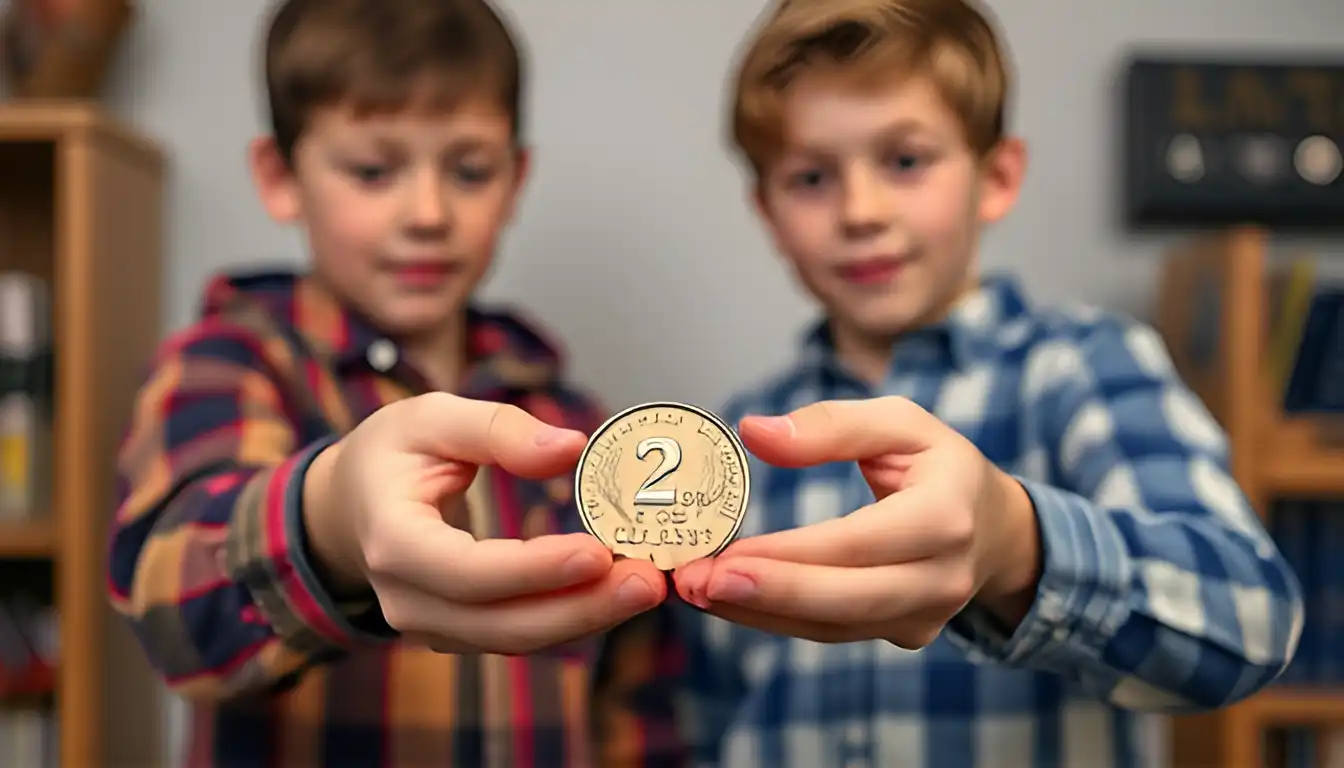 Two young collectors stand side by side and discuss “how much is a two cent coin worth” while holding a two cent coin in the palm of collector's hand.