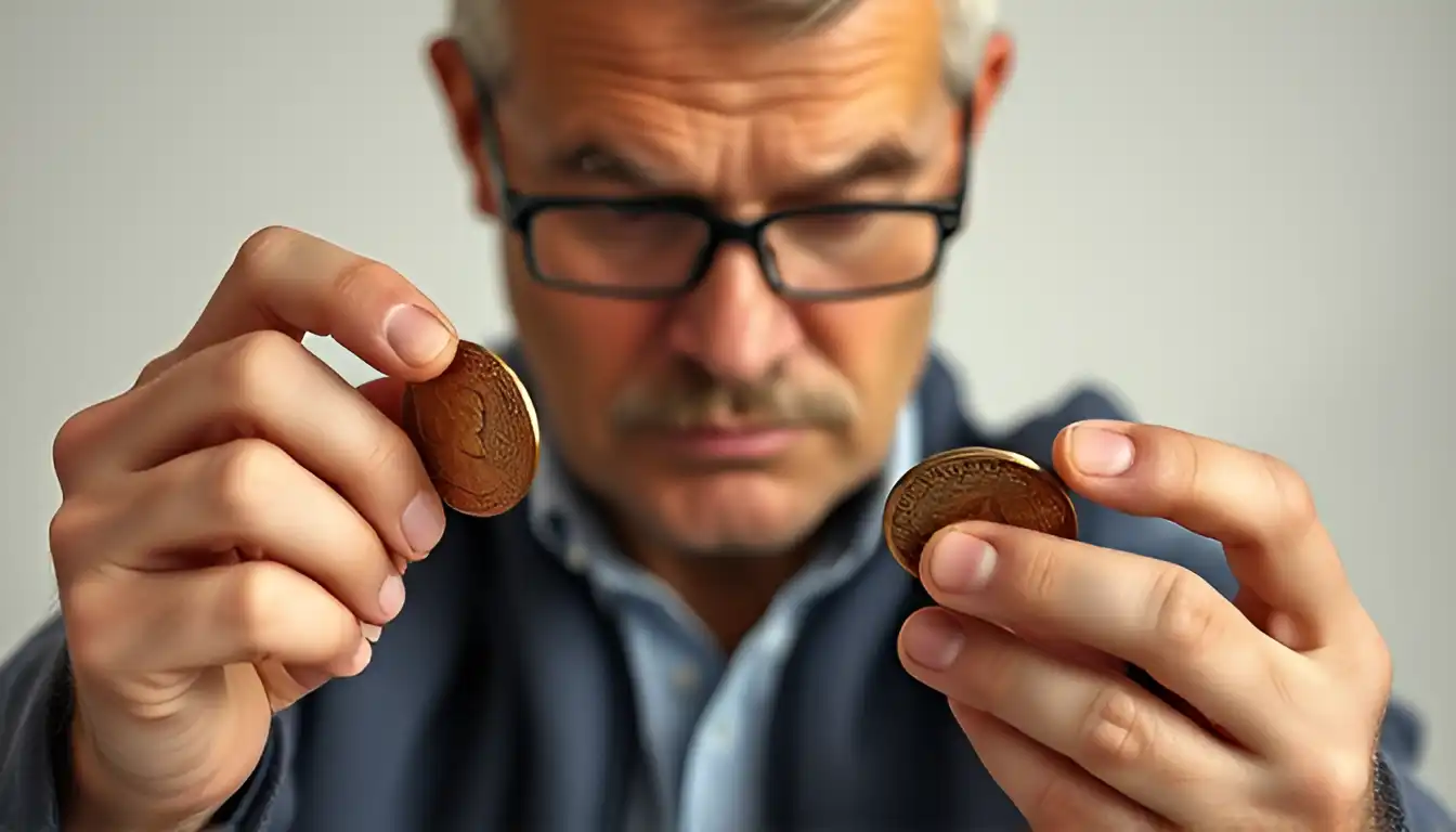 A male investor reviewing rare coins, including the two-cent coin, pondering how much is a two cent coin worth for long-term investment.