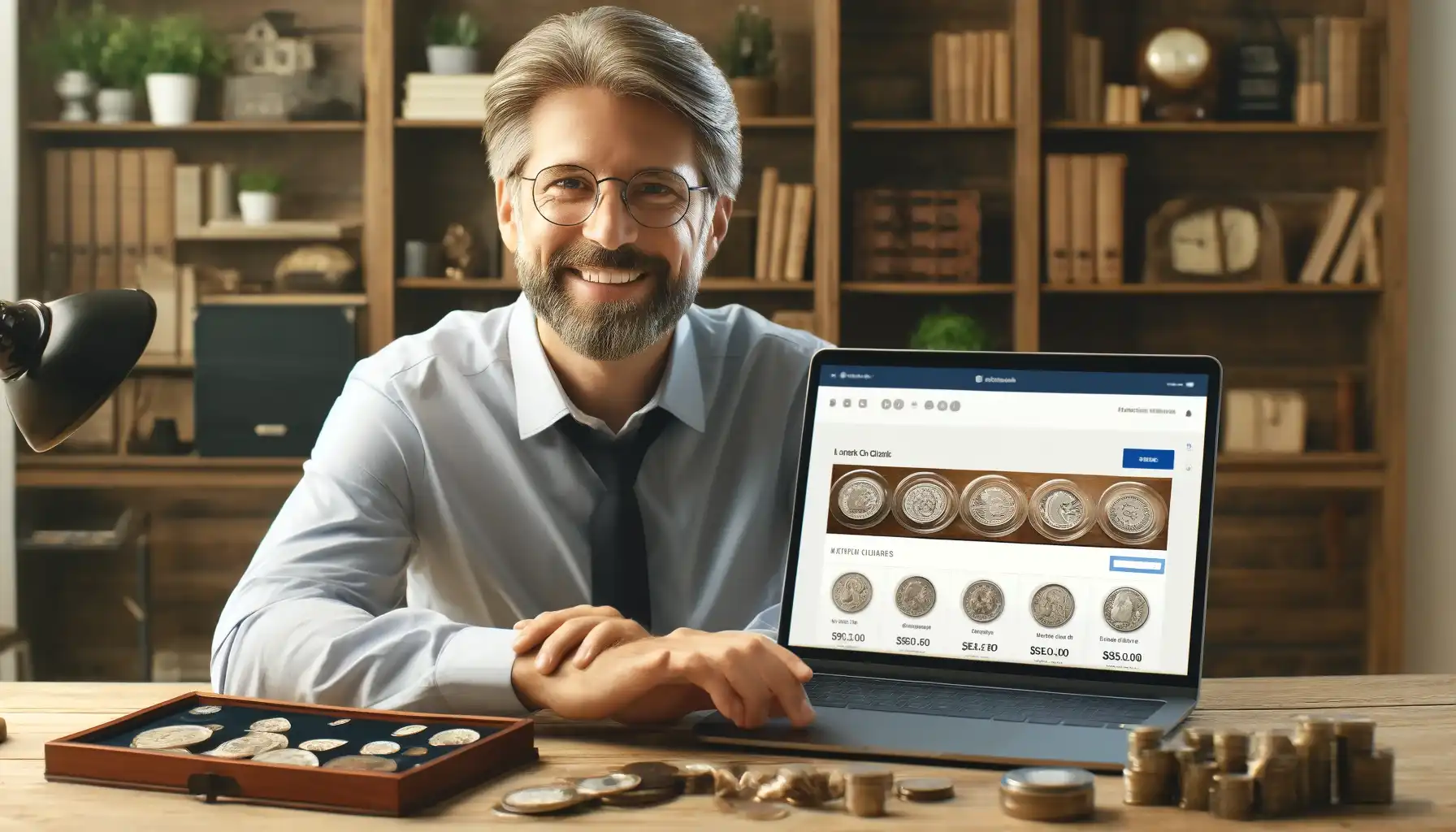 a picture of a smiling man selling his coins on a website