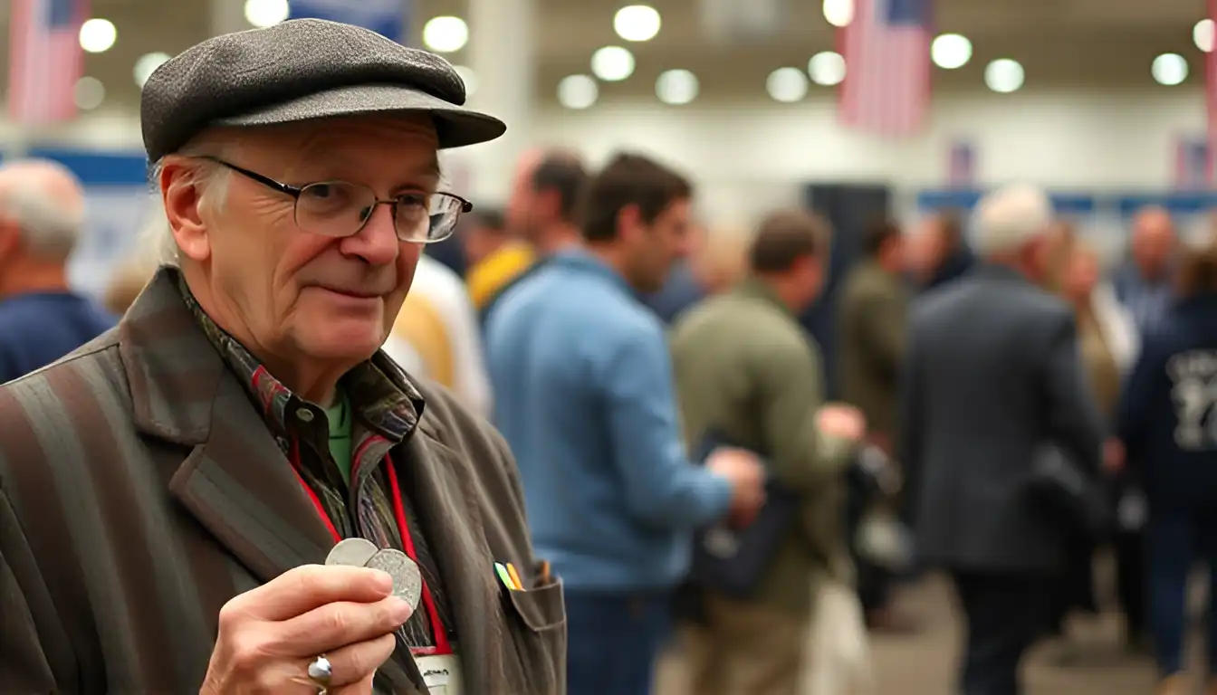 A collector at a coin show, showcasing rare nickels in circulation and discussing what year Jefferson nickels are valuable.