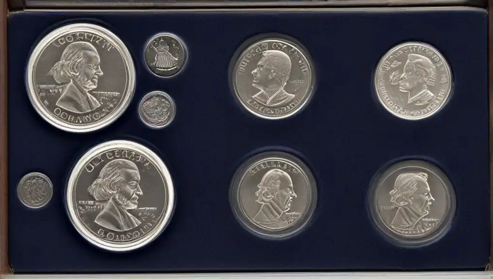 A collection of the Old Man on the Mountain quarter alongside other coins from the 50 State Quarters program that lie on the collector's table in a protective album.