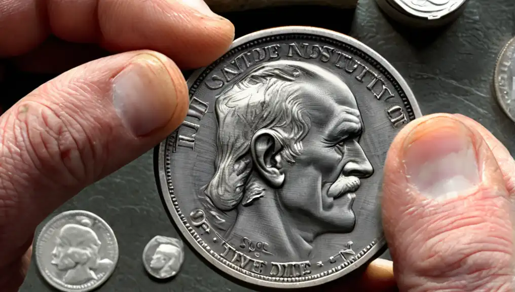 A numismatist examining the live free or die old man of the mountain quarter under magnification, assessing its condition and historical significance.