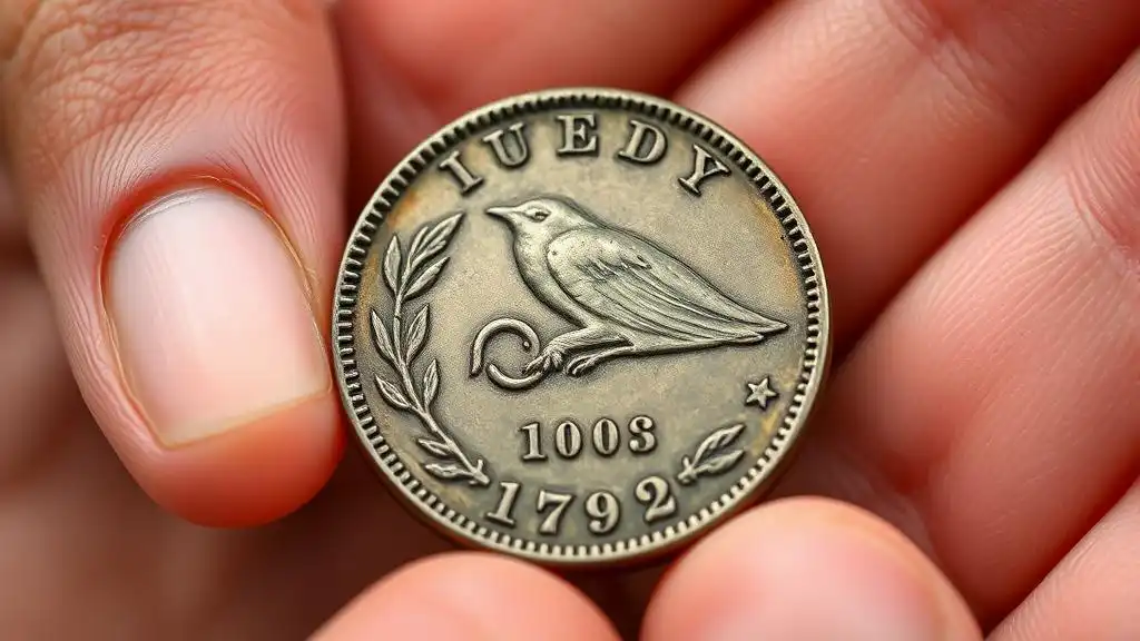 A close-up picture featuring the first coin minted in the US after Coinage Act of 1792 - Half Disme in the hands of proud investor.