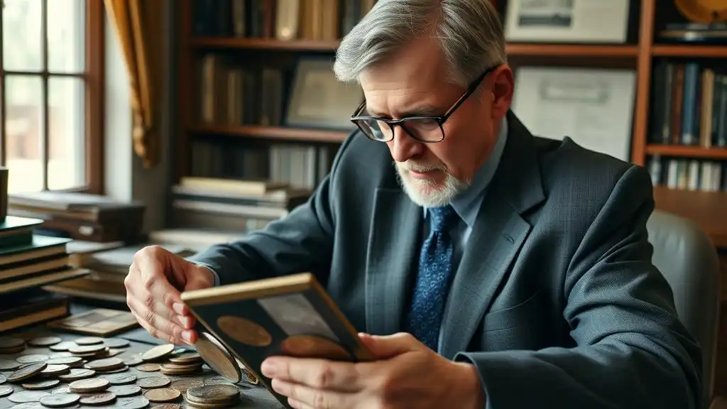 An investor looks over their portfolio of rare early United States coins, assessing potential returns on their collection.