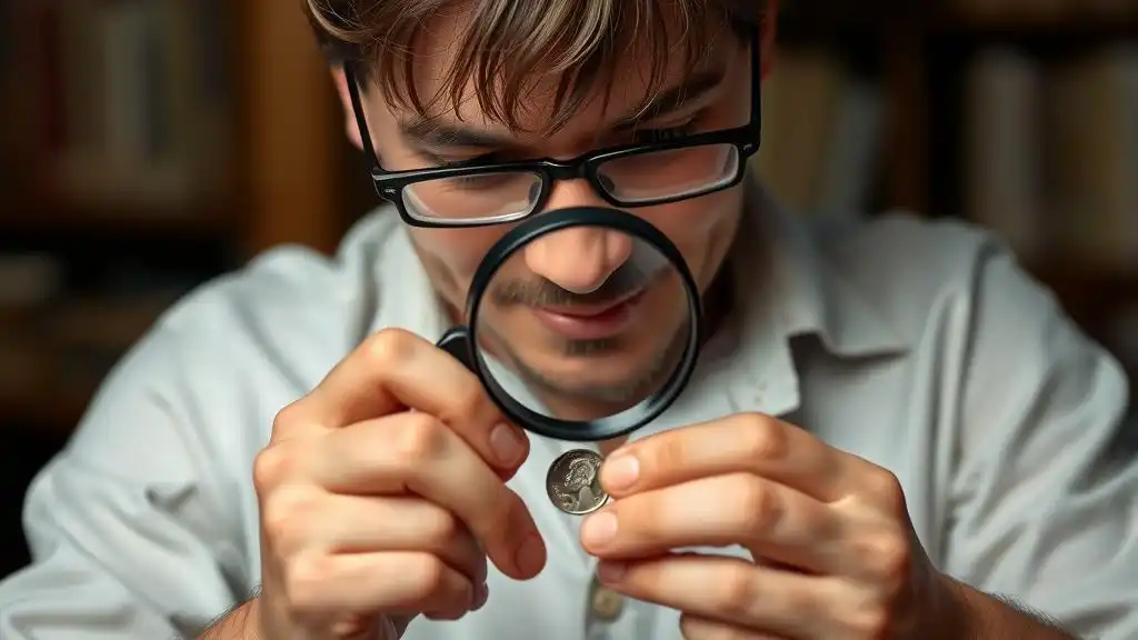 A novice collector studies what double die is in a penny, using a magnifying glass to examine double struck penny for doubled inscriptions.