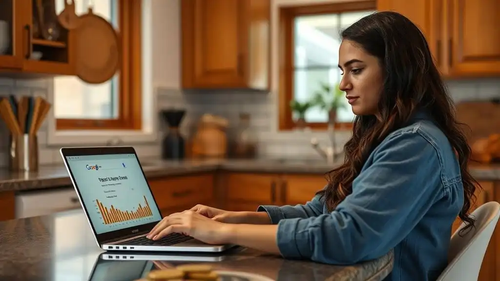 a woman googling how many sacagawea coins are there on her laptop while sitting in a kitchen