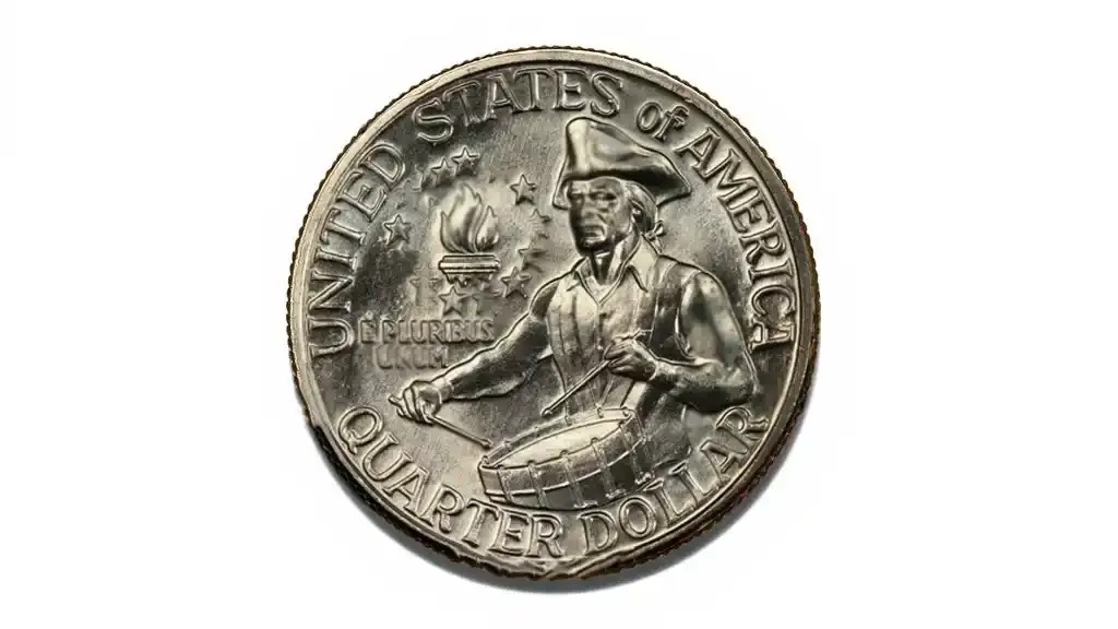 A detailed look at the 1976 bicentennial quarter dollar design, featuring the colonial drummer symbolizing the fight for freedom.