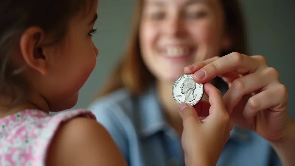 A parent teaching a child about the significance of the 1965 clad quarter, explaining what is a 1965 quarter made of and its historical context.